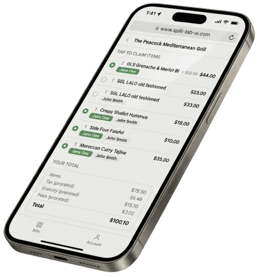 Split Tab AI app showing bill splitting in action